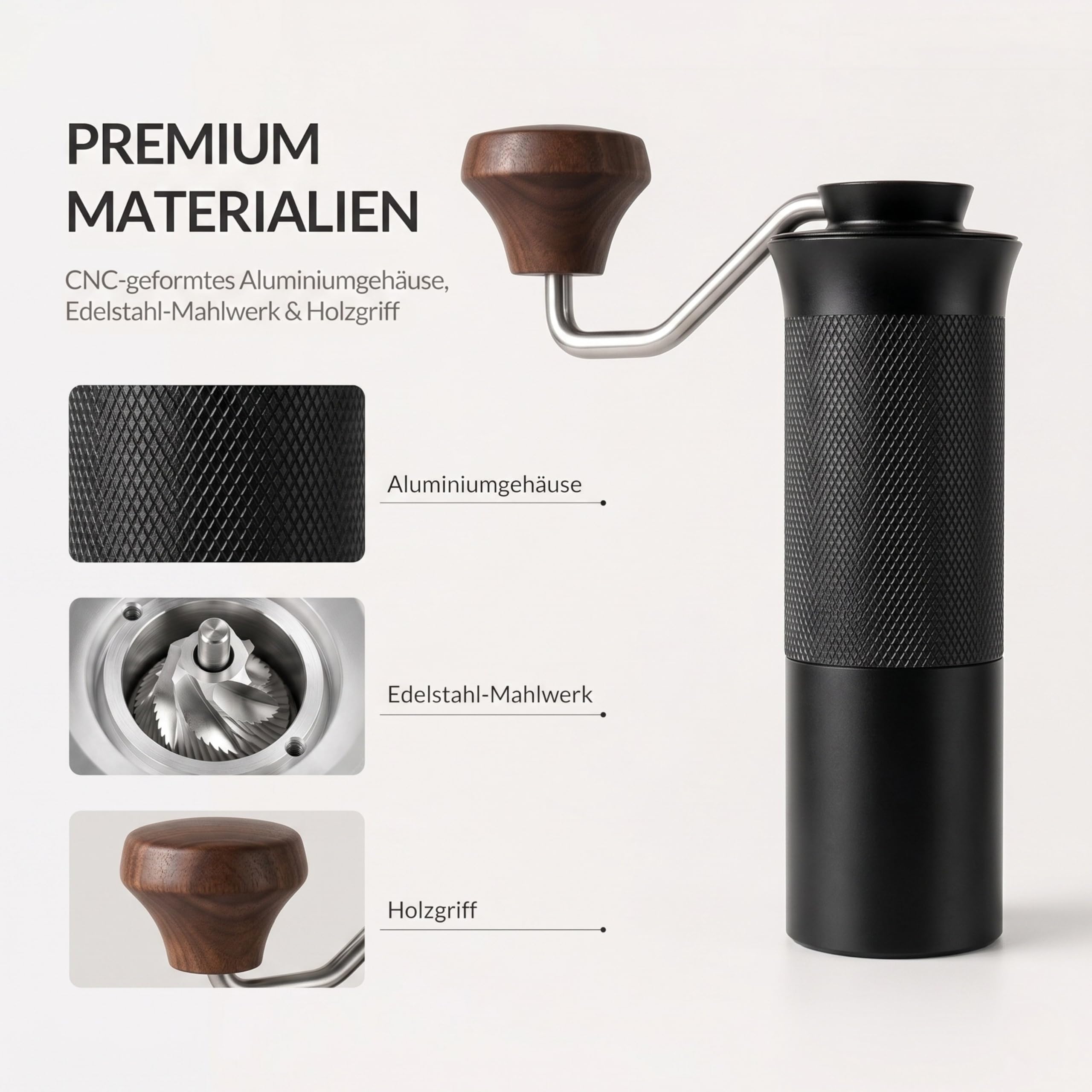 Thiru Handkaffeemühle manuell, Testsieger 2026*, Edelstahl-Kegelmahlwerk mit 60 Mahlgraden & Doppellager – Espresso mit Crema, Filterkaffee & French Press, Holzgriff & 2 Glasbehälter (Walnussgriff)