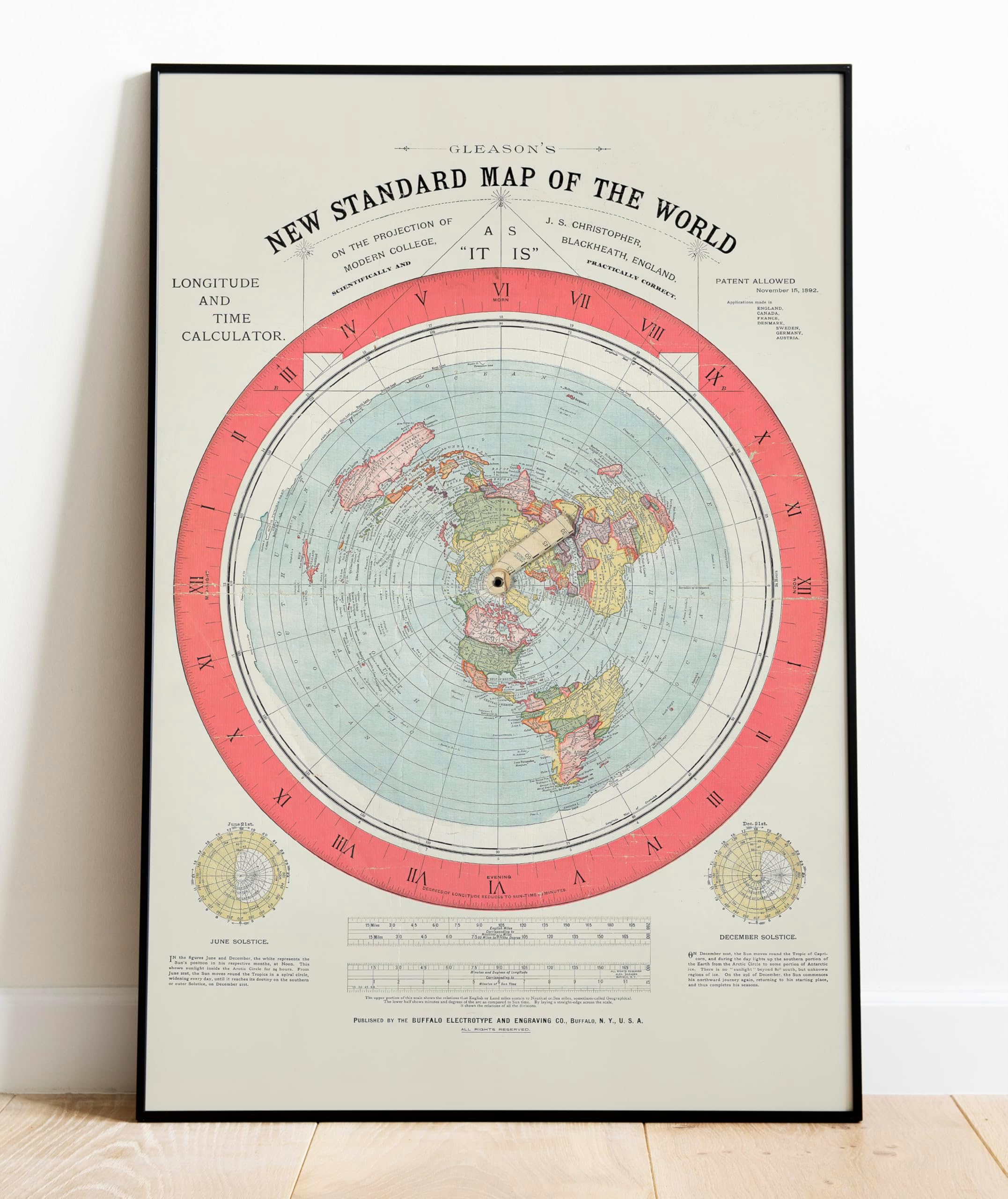 Historical Map, 1892 Gleason's New Standard map of The World : on The Projection of J. S. Christopher, Modern College, Blackheath, England, Vintage Wall Art : 24in x 36in