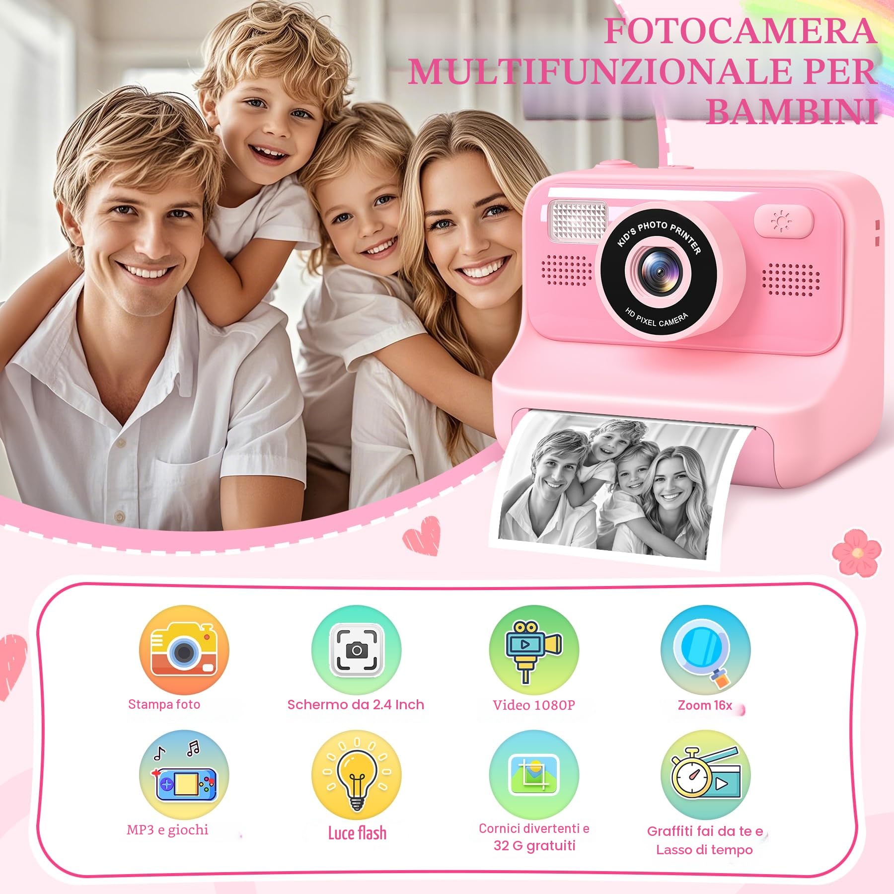 Subtail Macchina Fotografica Bambini Istantanea-2,4 Pollici 1080P Fotocamera Digitali Istantanea perBambini Selfie conScheda da32GB - Regalo per Bambini per Ragazze Ragazzi 3 4 5 6 7 8 9 10 11 12 Anni