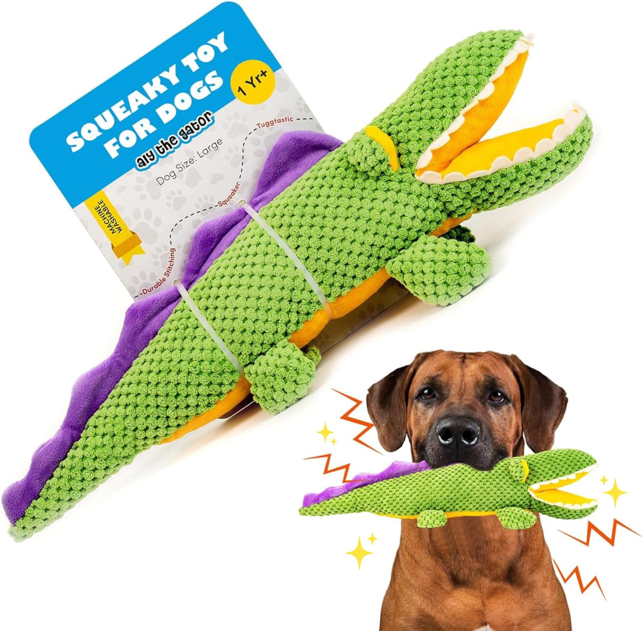 BarkButler Aly The Gator Plush Dog Toy - Soft & Squeaky Toys for Dogs, Dog Toys for Large Dogs (5-30kgs) - Green