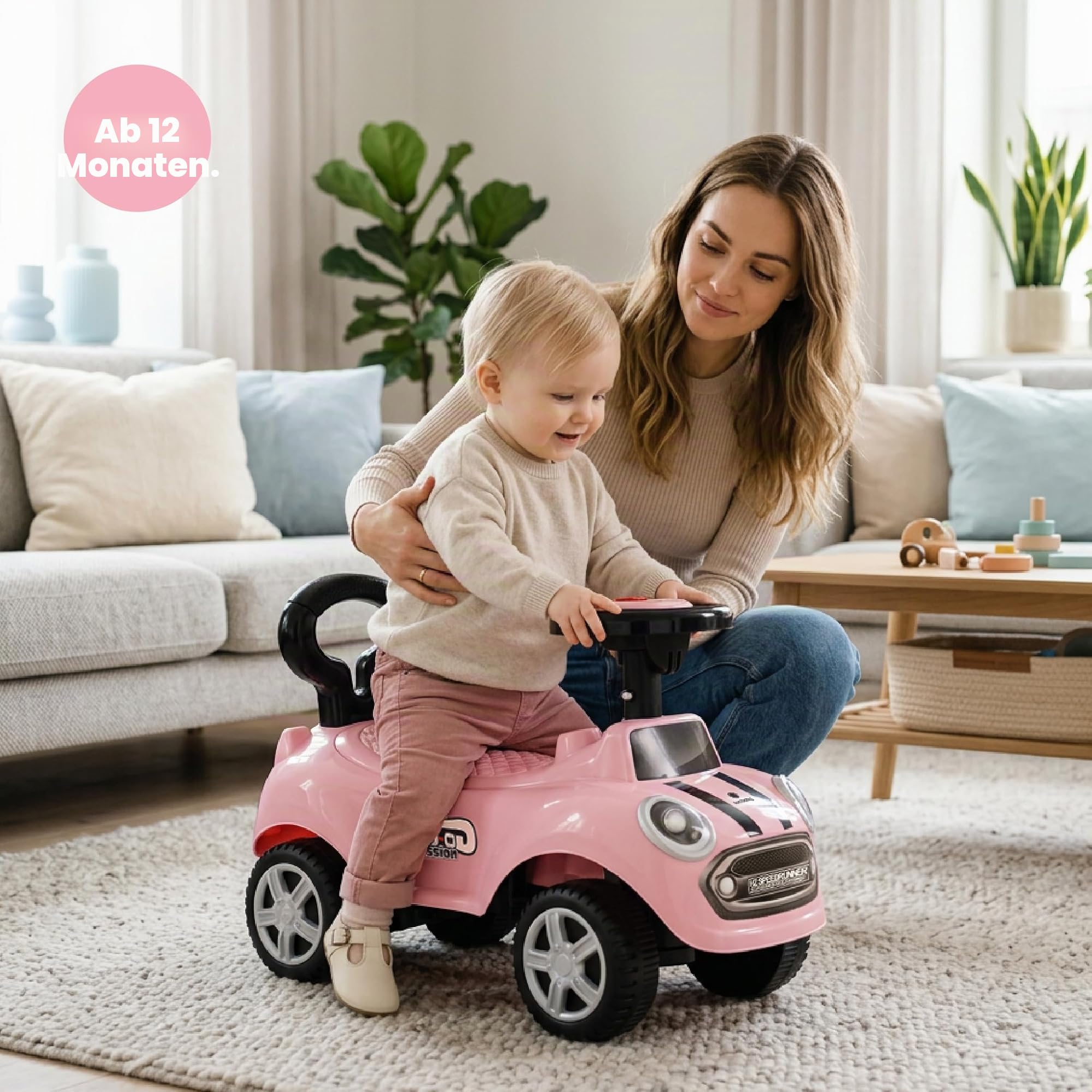 Rutschauto ab 1 Jahr, Lauflernwagen, Kinderauto Indoor, Rutschfahrzeug mit Klängen (Rosa)