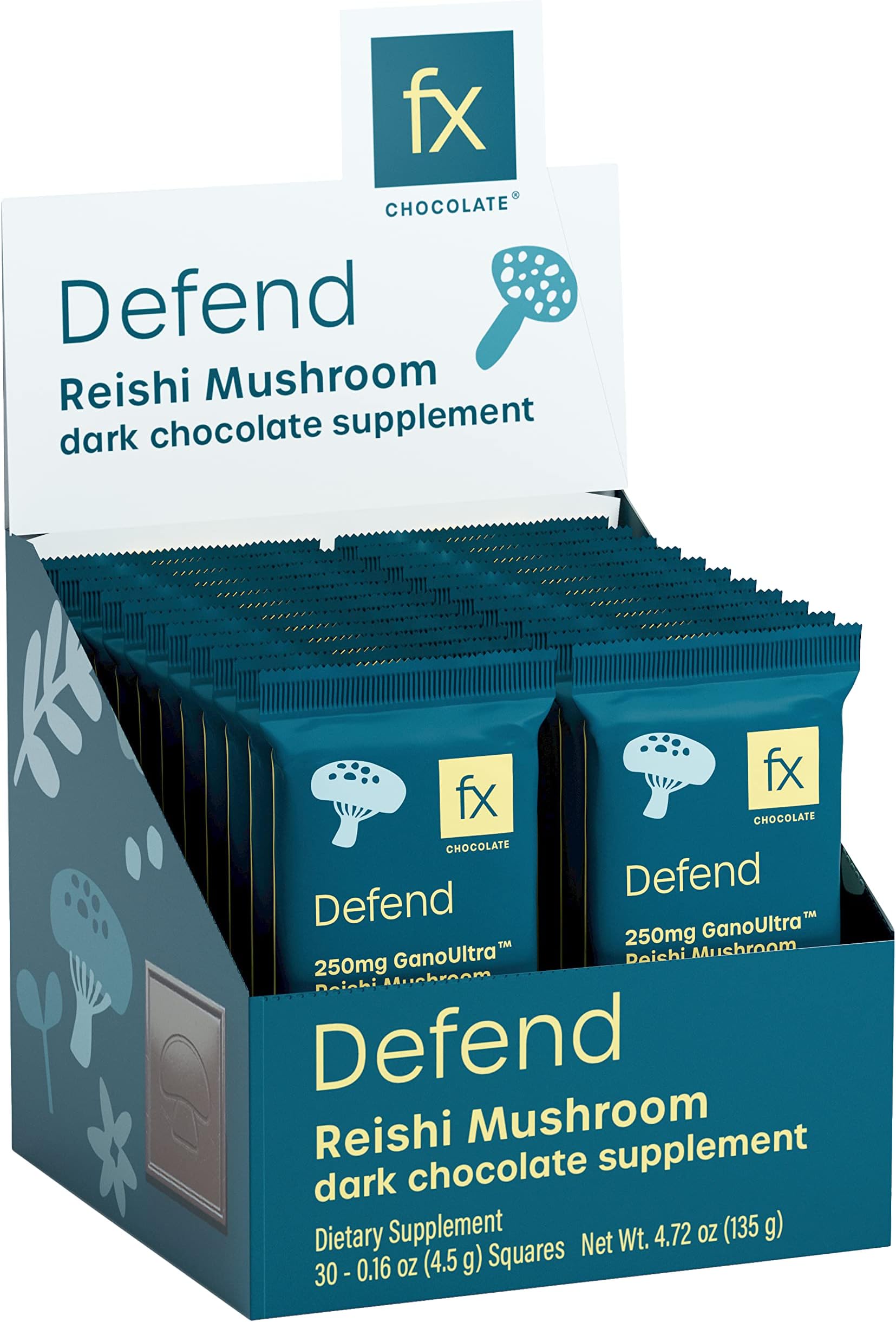 Fx Chocolate Defend - Sugar Free Adaptogen Mushroom Chocolate Supplement for Energy + Immune Support with Cacao + Reishi - Keto Dark Chocolate - Vegan + Non-GMO (30 Pieces)