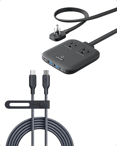Anker USB C Cable (240W,10ft), Anker Nano Charging Station, 6-in-1 USB C Power Strip 67W Max with Flat Plug and 5 ft Thin Extension Cord, 2 AC, 2