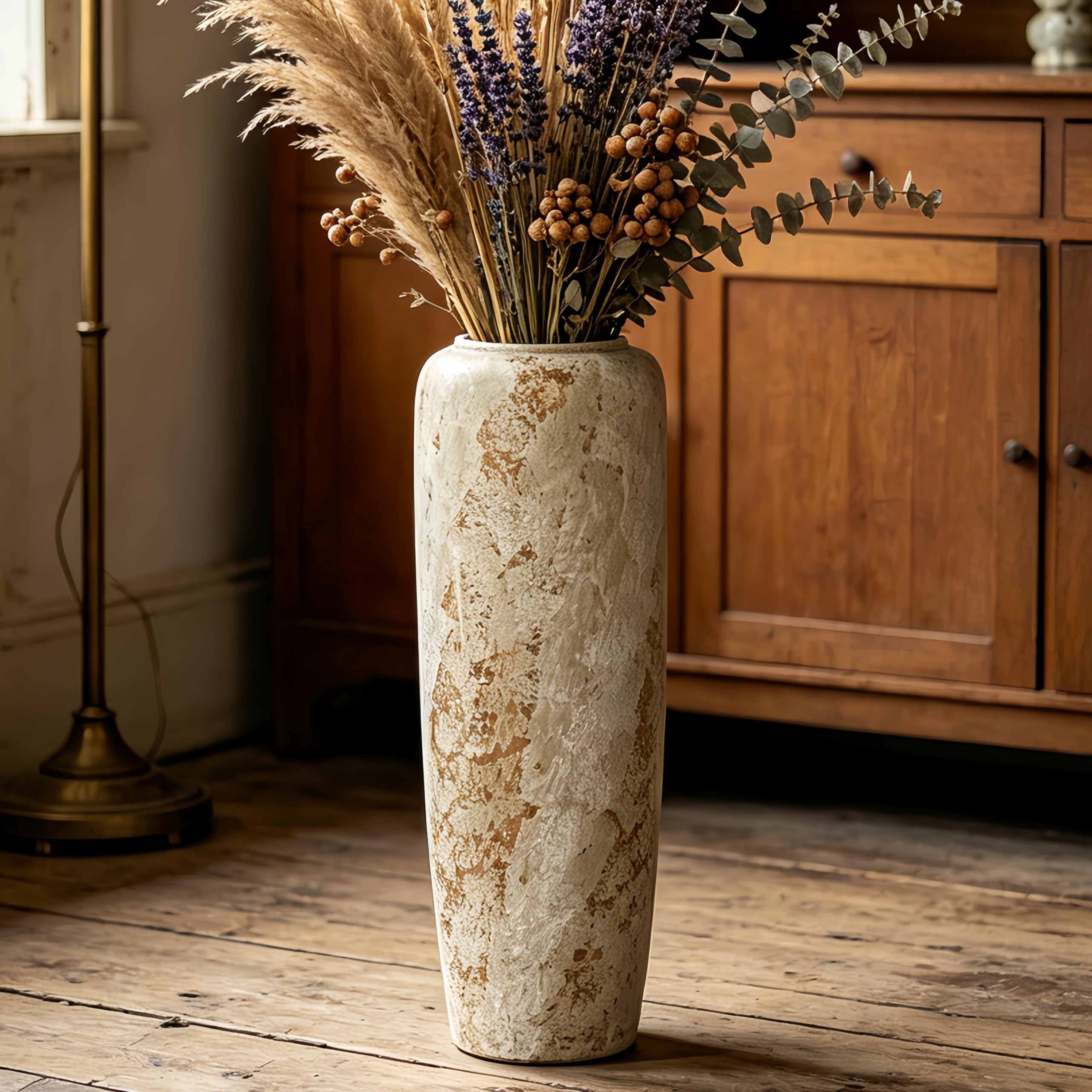 Boho Bodenvase aus Keramik, 60 cm, Rustikale Vintage Vase für Wohnzimmer Dekoration, Pampasgras oder Trockenblumen, Perfekt für Regale und Tische