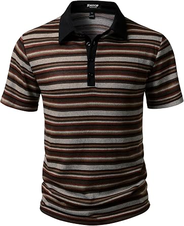 JEMITOP Mens Knit Striped Polo Collar Shirt | Retro, Colorblock, Casual, Summer, Short Sleeve