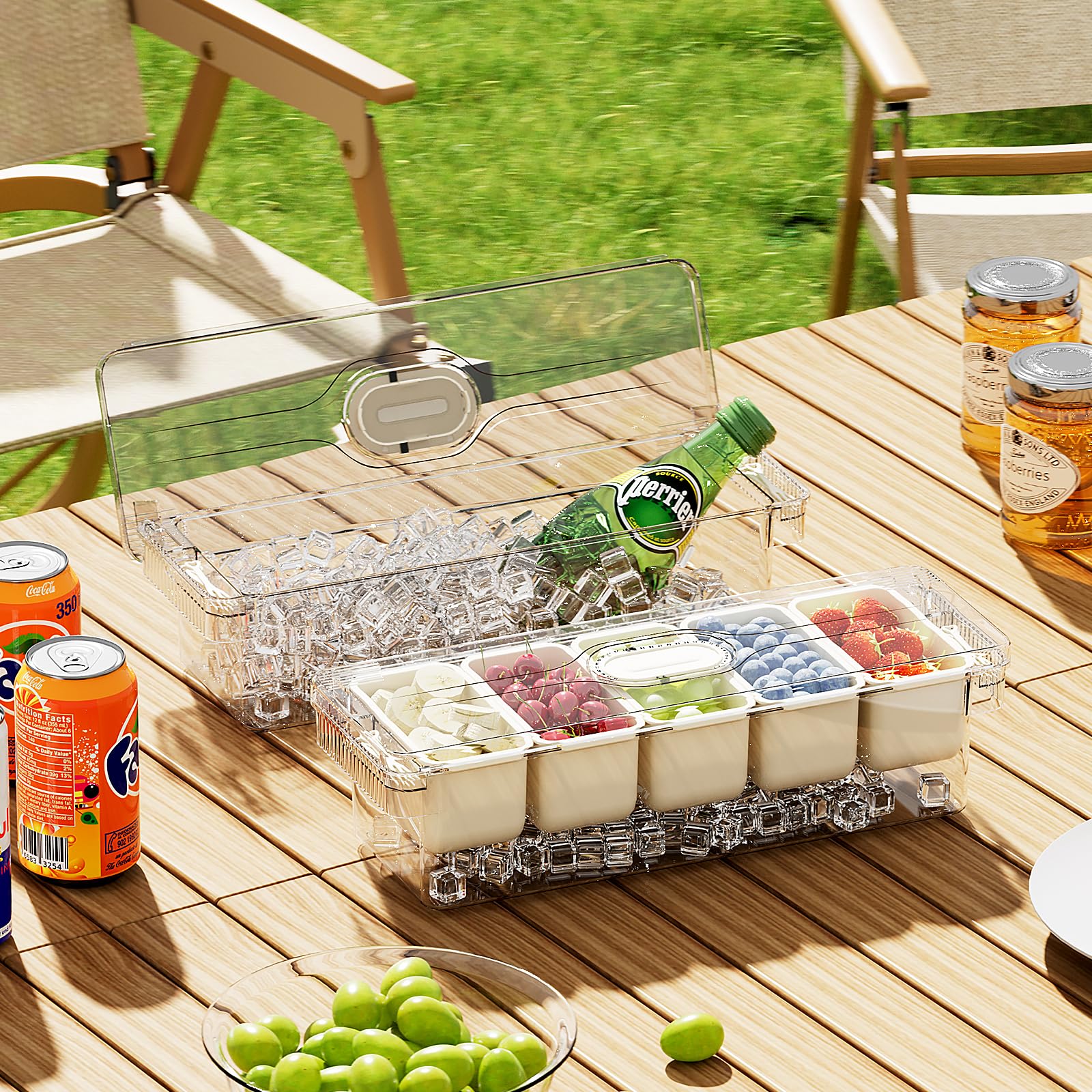 Fangoo Condimentos Refrigerados Organizador con Tapa con 5 Compartimentos 5 tenedores y 2 clips extraíbles en Hielo Bandeja Condimentos Refrigerada Viene para bar de ensalada Buffetes de pizza