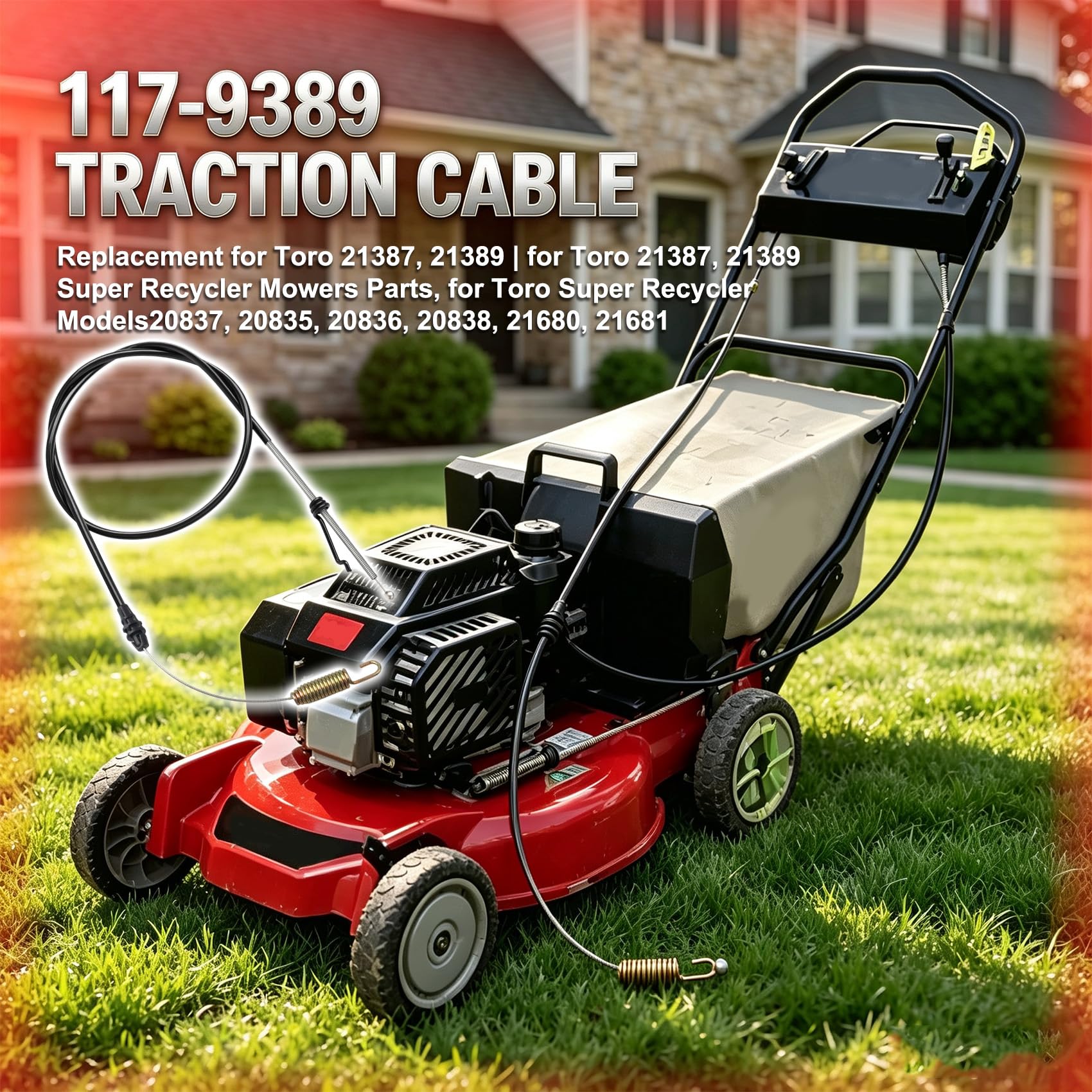 Cable de tracción de repuesto 117-9389 para cortacéspedes Toro 21387, 21389 Super Recycler, compatible con los modelos Toro Super Recycler 20837, 20835, 20836, 20838, 21680, 21681