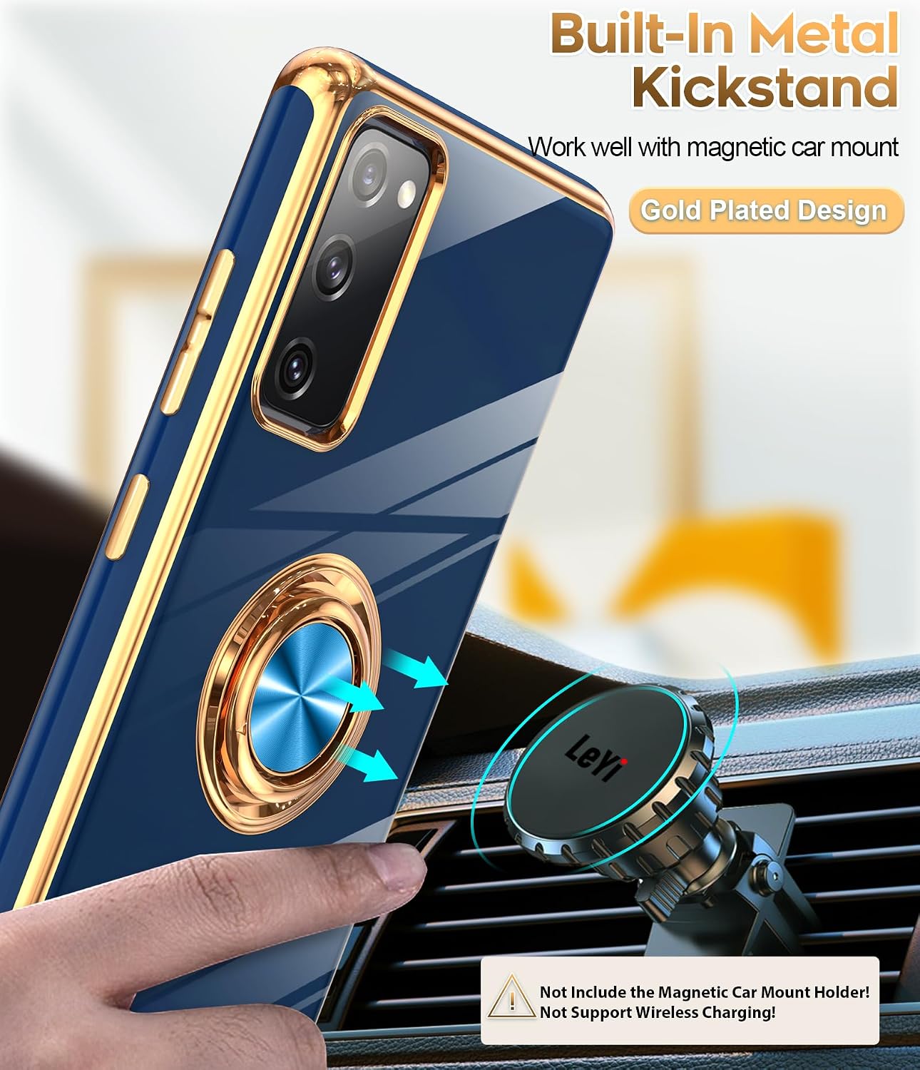 LeYi for Galaxy S20-FE-5G Case: with Screen Protector [2 Pack], 360° Rotatable Ring Holder Magnetic Metal Kickstand, Plating Rose Gold Edge Soft Protective for Women Girls, Blue