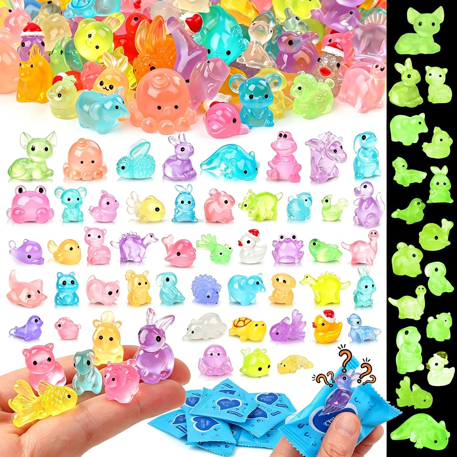 100PCS Mystery Bag Mini Resin Animals Luminous for Crafts Decor Mini Resin Ocean Animals Miniature Ornaments for Micro Landscape Garden Aquarium Dollhouse Party Favors Surprise Gifts for Kids