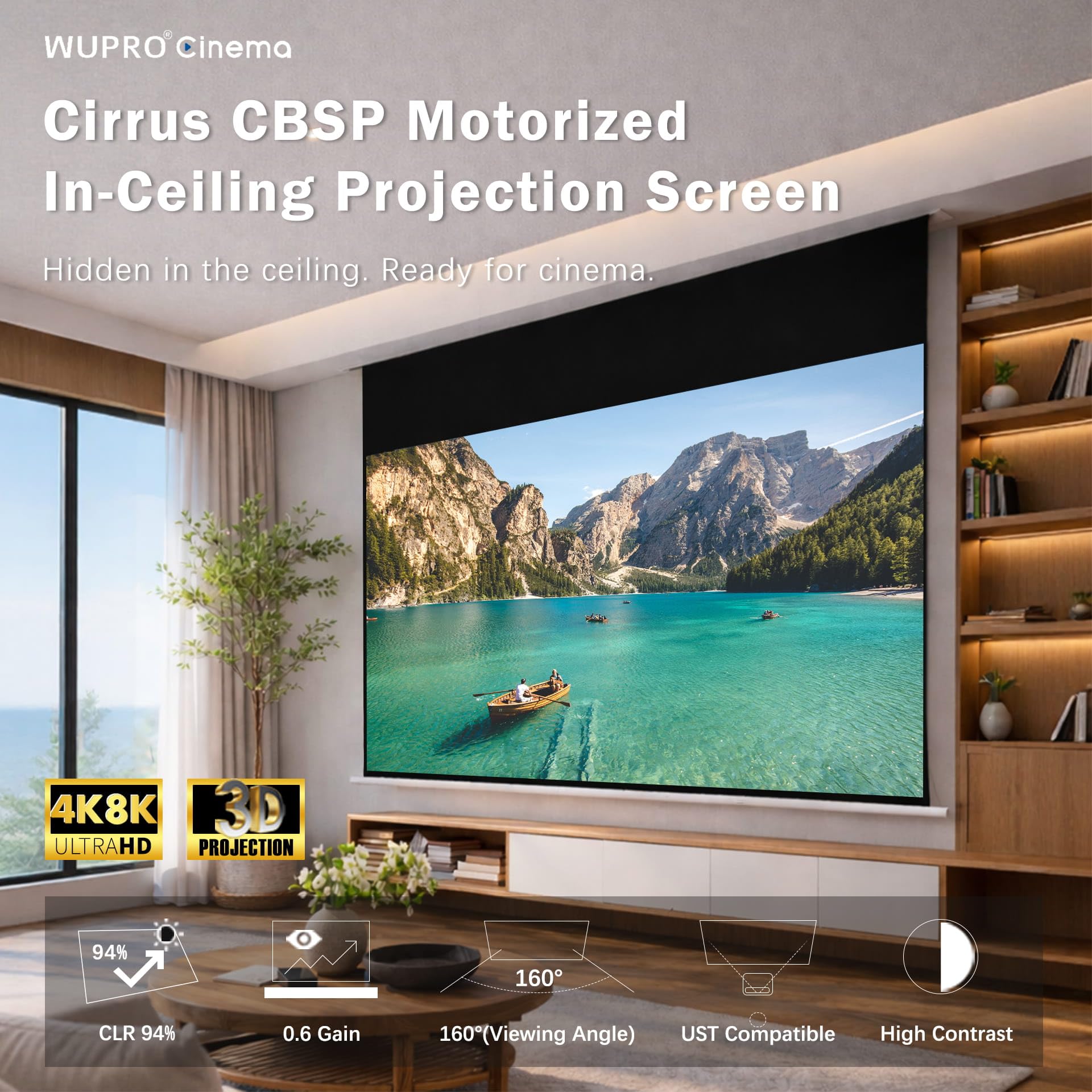 Cirrus CBSP Schermo di Proiezione 100 Pollici, Motorizzato da Incasso a Soffitto, ALR 4K/8K UHD, Compatibile con Proiettori UST, per Ambienti Luminosi C