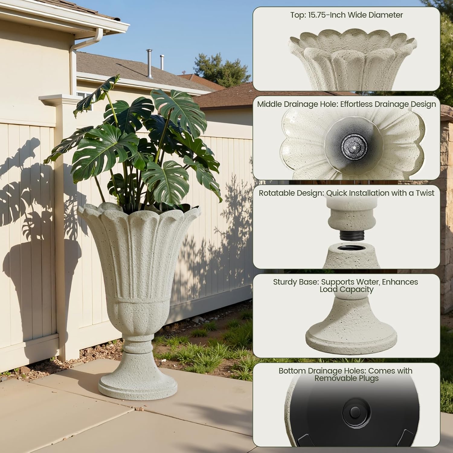 Tall Plastic Urn Planters for Outdoor Plants Set of 2-23.6" H Classic Petal Design Indoor Large Flower Pots with Drainage Holes, Outdoor Planters for Porch Decor/Garden Vase, Beige/Off White