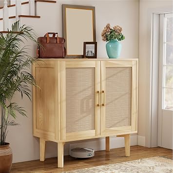 Festnight 30.7" Buffet Cabinet with Rattan Decor Doors, Farmhouse Sideboard Cabinet, Boho Accent Console, Small Rattan Storage Cabinet with Shelves