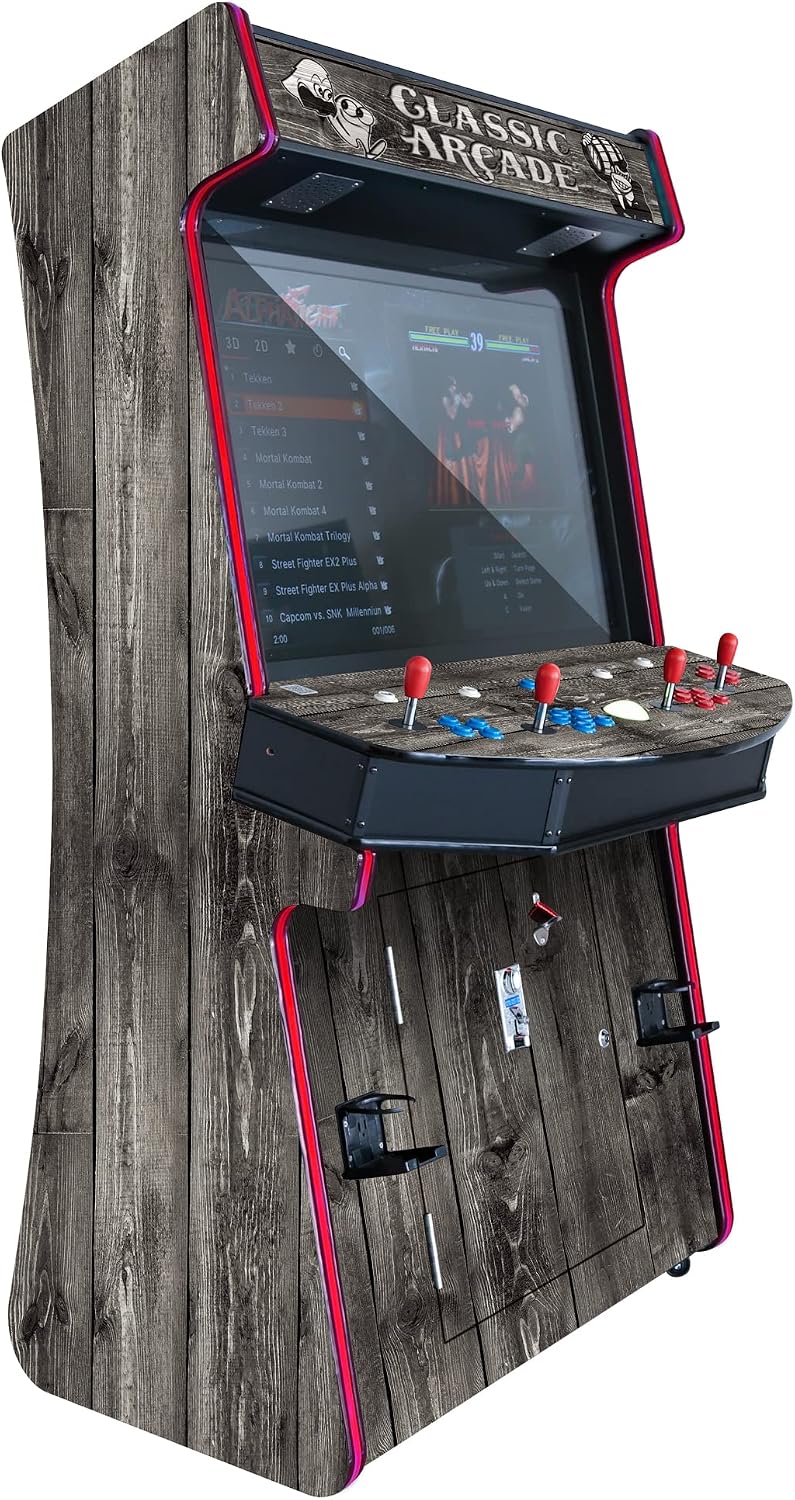 Creative Arcades Full-Size Commercial 4 Player TR-1 Slim Stand-Up Arcade with Trackball, 43" LCD, 6296 Games, Trackball, 2 Tall Stools (Light Gray, 6296 Games)