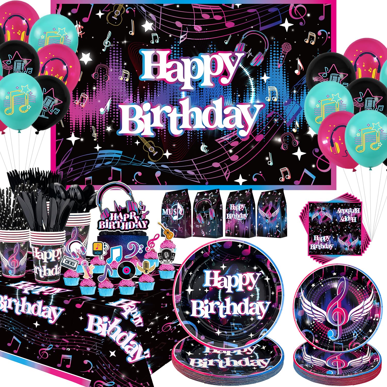 Obussgar Music Party Decorations, Music Birthday Party Supplies including Backdrop, Plates, Cups, Tablecloth, Balloons, Cake Toppers for Kid's