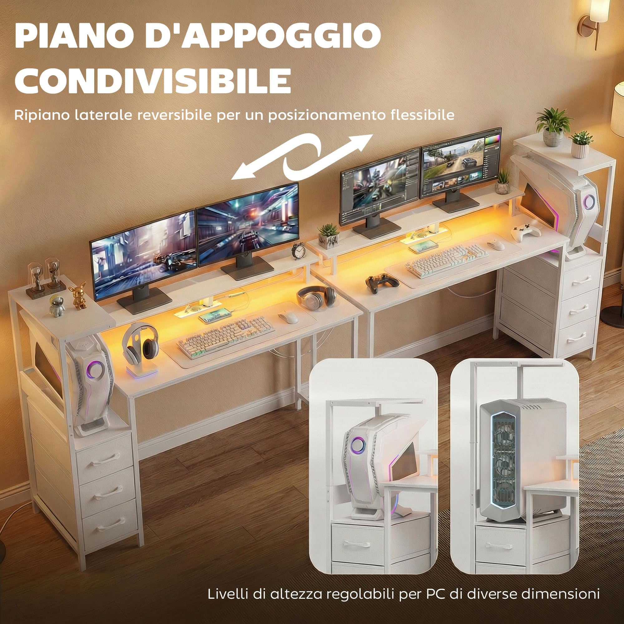 HOMCOM Scrivania Gaming con Supporto CPU Regolabile Reversibile e LED, 147x47cm Postazione Gaming con Stazione di Ricarica, Supporto per Monitor, 3 Cassetti in Tessuto, per Casa Ufficio Studio, Bianco
