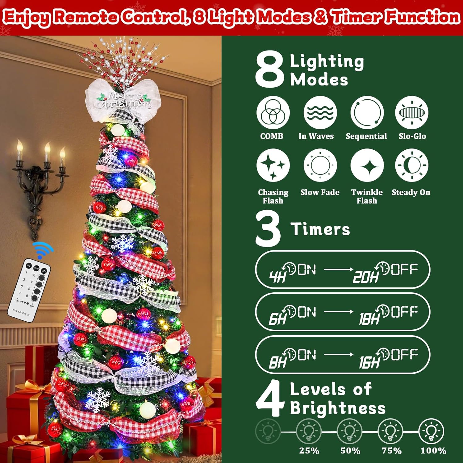 Livole 6FT Pop Up Christmas Tree with 200 LED Lights, Collapsible Predecorated Artificial Christmas Tree with Ball Ornaments & Remote Control, Indoor Xmas Tree for Holiday Party
