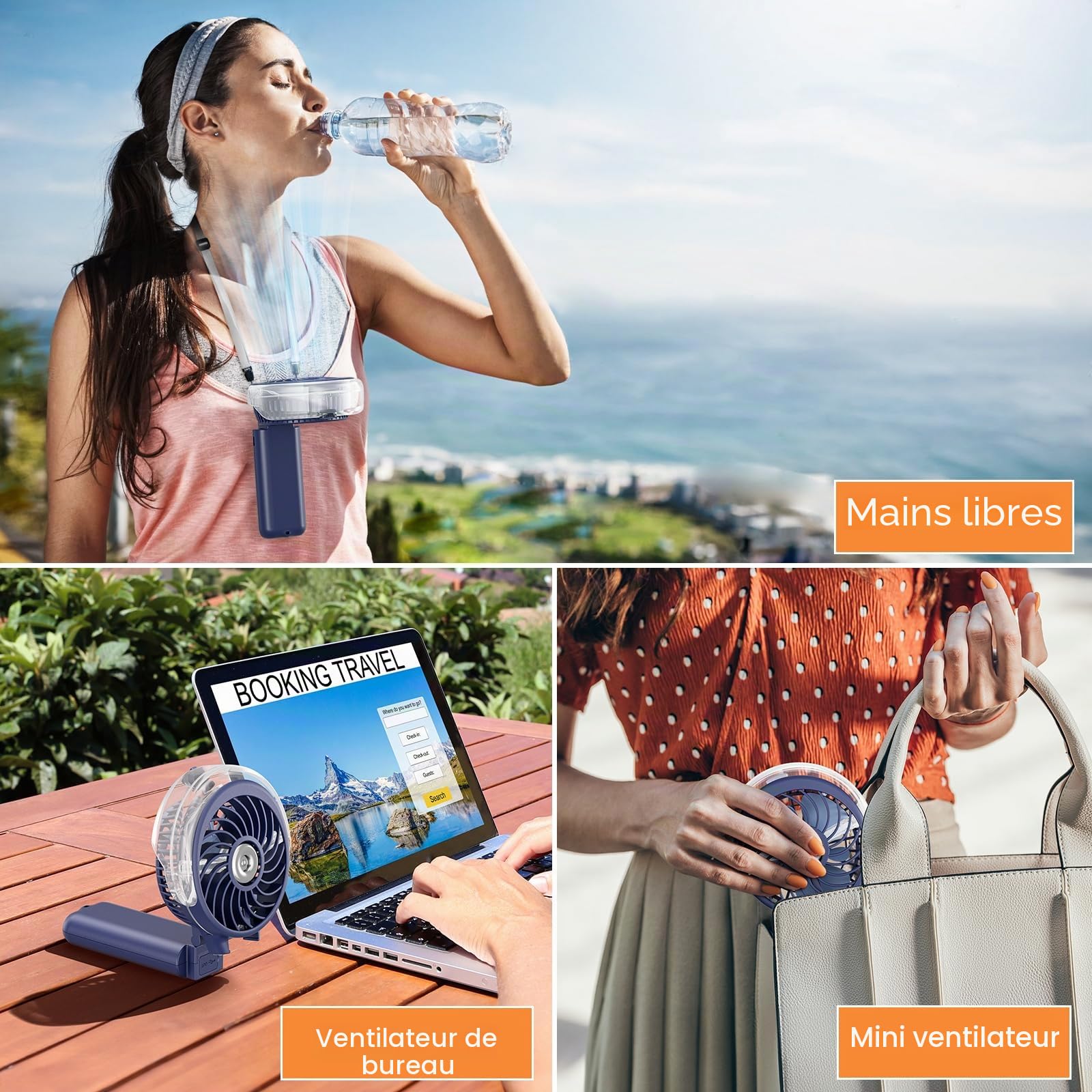 HandFan Ventilateur brumisateur portatif 5200 mAh avec batterie externe, réservoir d'eau de 34 ml, ventilateur personnel rechargeable, mini ventilateurs électriques à main pour la plage, les voyages