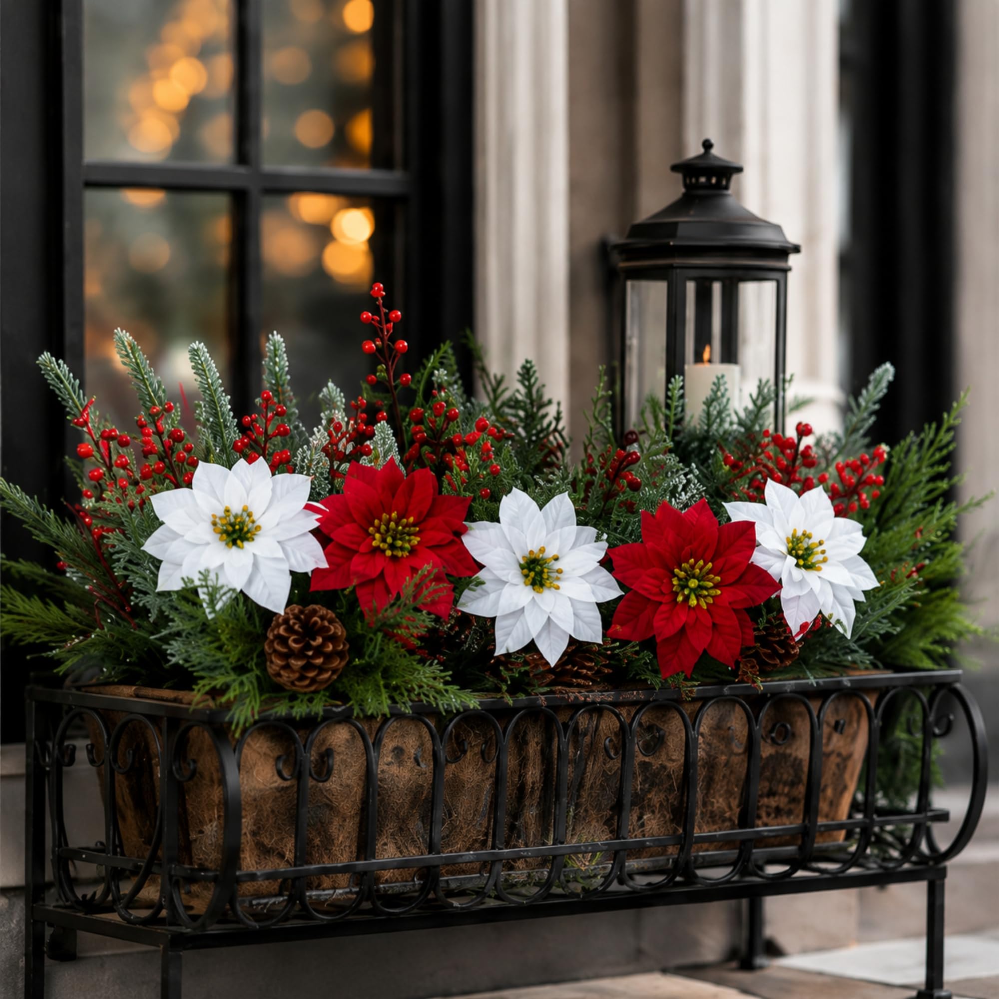 Lot de 20 tiges de pin poinsettia, rouge, vert, blanc | Pics de Noël artificiels avec poinsettias rouges, pommes de pin, baies, aiguilles de pin pour arbre, couronne, vase