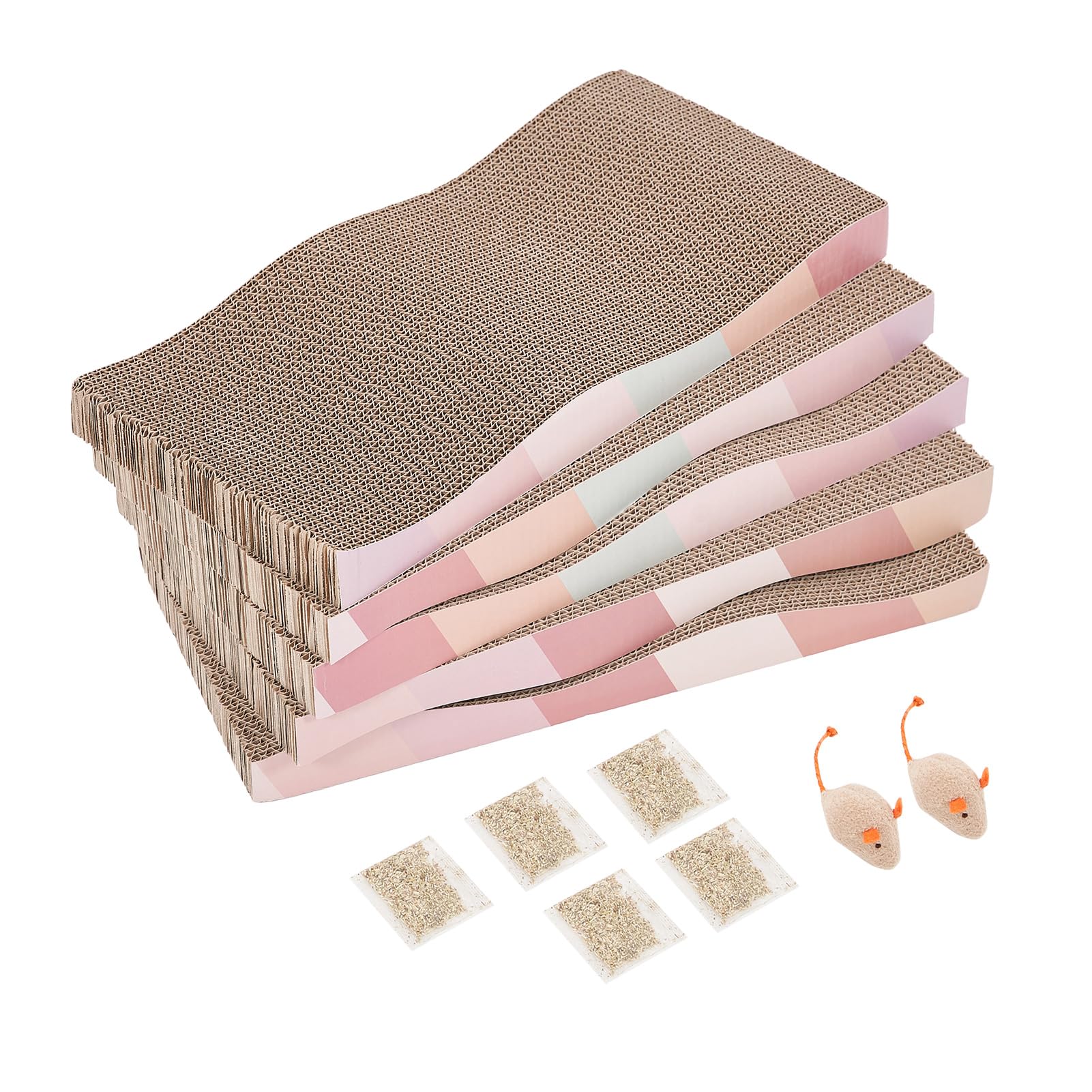 SIDAZON Cat Scratching Pads Cardboard Cat Scratchers for Indoor Cats Reversible Large Wide Corrugated with Catnip and Mini Toy(5pcs)