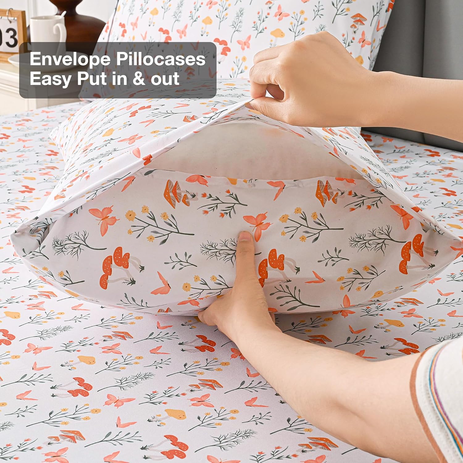 Viviland Mushroom King Sheet Set - 4 Piece Vintage Butterfly Flower Patterned Bed Sheets - Soft, Breathable Microfiber Floral Sheets with Deep Pocket, Non-Slip Fitted Sheets & Pillowcases - Image 5