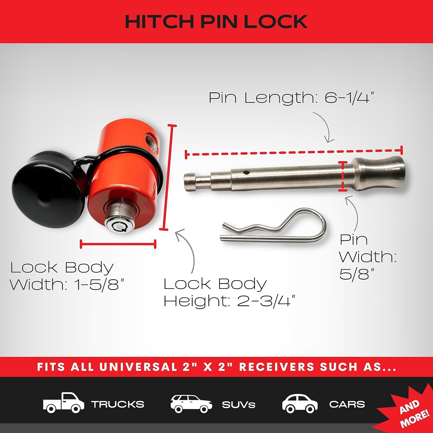 Equipment Lock Hitch Pin Lock - Stainless Steel Trailer Hitch Locks - Fits 2" and 2.5" Hitch Receivers - 5/8" Locking Hitch Pin for Class III IV Hitches - Durable Anti-Theft Tow Hitch Lock