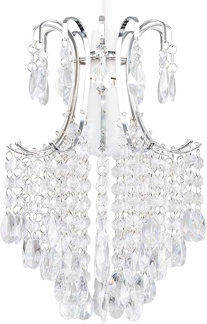 MiniSun Modern Silver Chrome Ceiling Pendant Light Shade with Clear Acrylic Droplets - Complete with a 10w LED GLS Bulb [6500K Cool White]