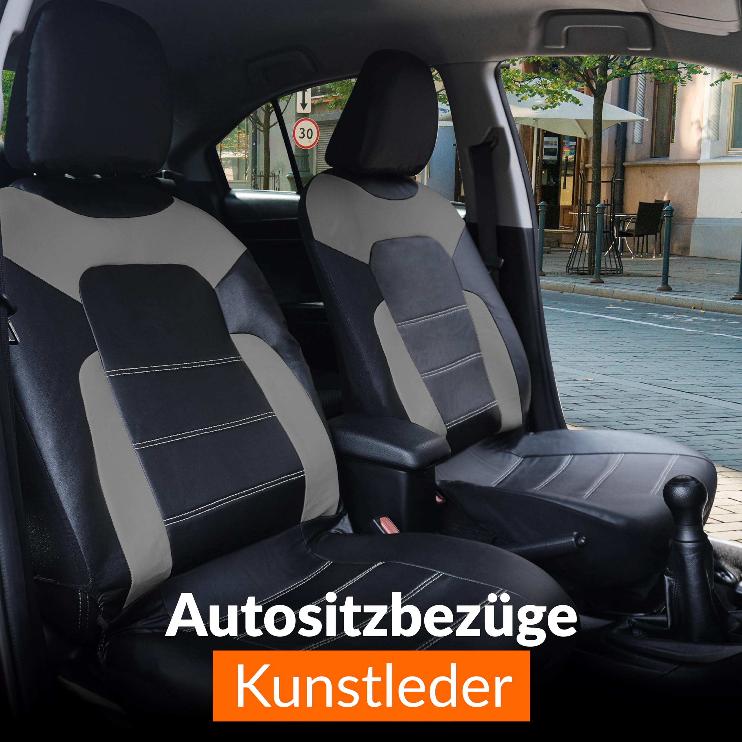 Upgrade4cars Auto-Sitzbezüge Grau Leder-Optik | Universal Auto-Sitzschoner Set für Sommer & Winter | Kunstleder Auto-Schonbezüge für die Vordersitze & Rückbank