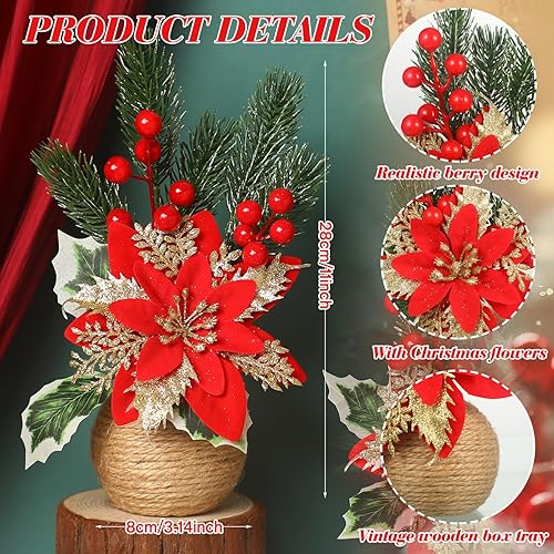 Miniatura 2 de Flores de Pascua artificiales de Navidad, flores de Navidad florales rojas, piñas y bayas de acebo, arreglos florales de seda en maceta decorativa,