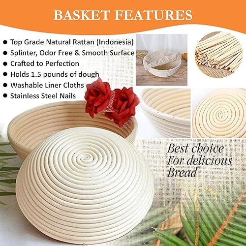 Miniatura 2 de Banneton - Juego de cestas a prueba de pan, cesta redonda de 9 pulgadas con eslinga de pan de silicona, raspadores de masa, pan cojo, batidor de