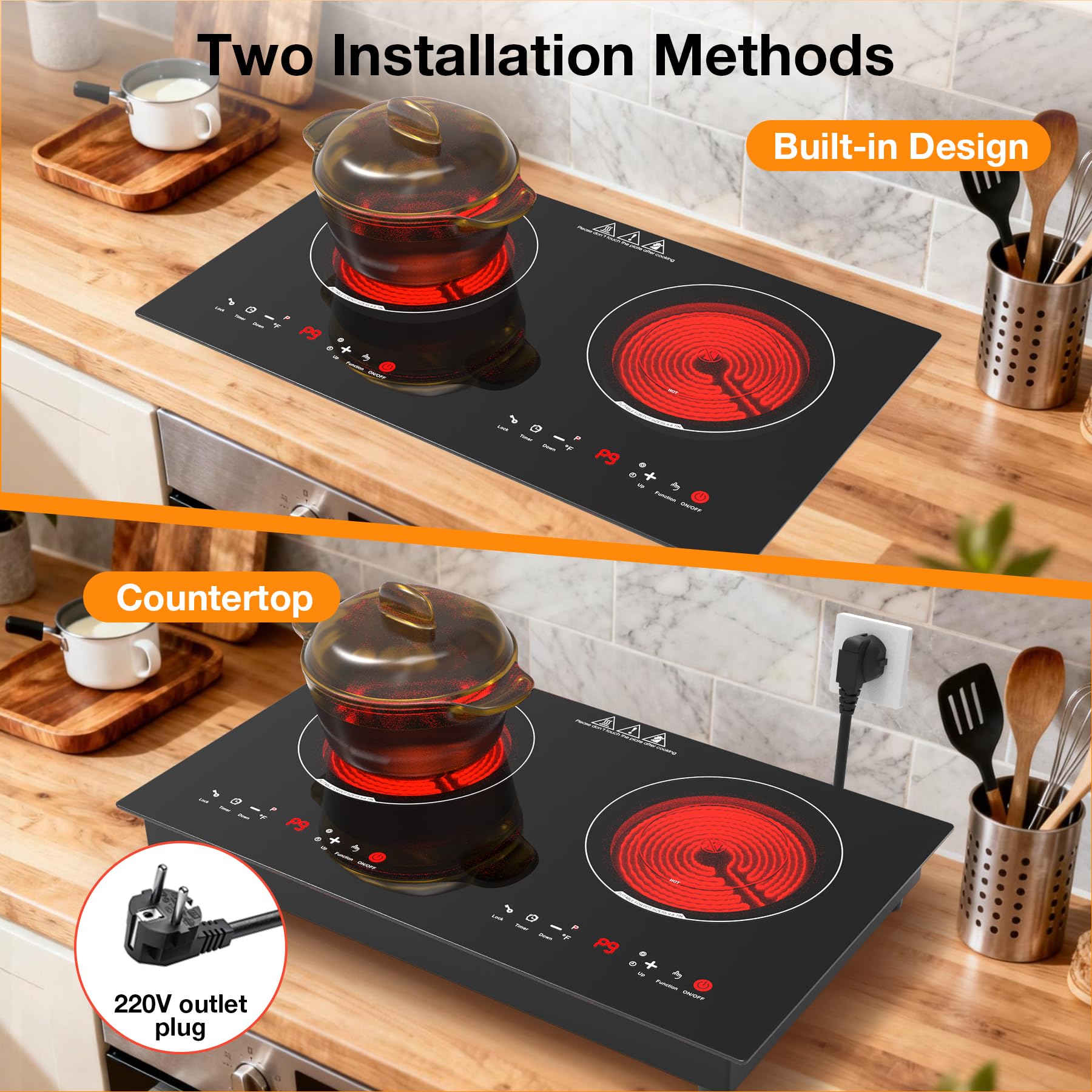 WABK Plaque Vitrocéramique 2 Feux 3600W, Plaque de Cuisson Électrique 60 cm | Encastrable ou à Poser, avec 9 Niveaux et Minuterie, Compatible Tous Récipients, pour Cuisine, Studio et Appartement