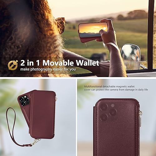 Miniatura 7 de CIVICASE Funda con cremallera para iPhone 15 Pro Max, funda tipo cartera 2 en 1 magnética desmontable, protección para tarjetas RFID, 6 ranuras para