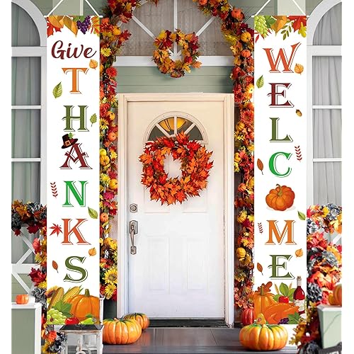Thanksgiving Decorations Indoor Outdoor GIVE THANKS Banner Porch Door Welcome Sign for Home Party Wall Autumn Decor Fall Decorations for Home 72"X12"