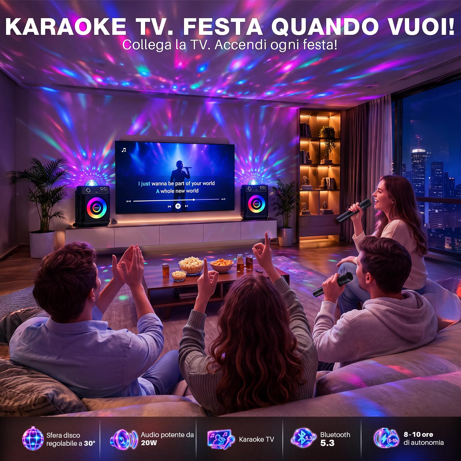 Karaoke con Microfono,Bluetooth con 2 Microfoni per Adulti e Bambini, Sfera da Discoteca Regolabile,Ricarica Magnetica dei Microfoni,Supporta TV/Smartphone/AUX/USB Per Party, Casa, Compleanni, Viaggio