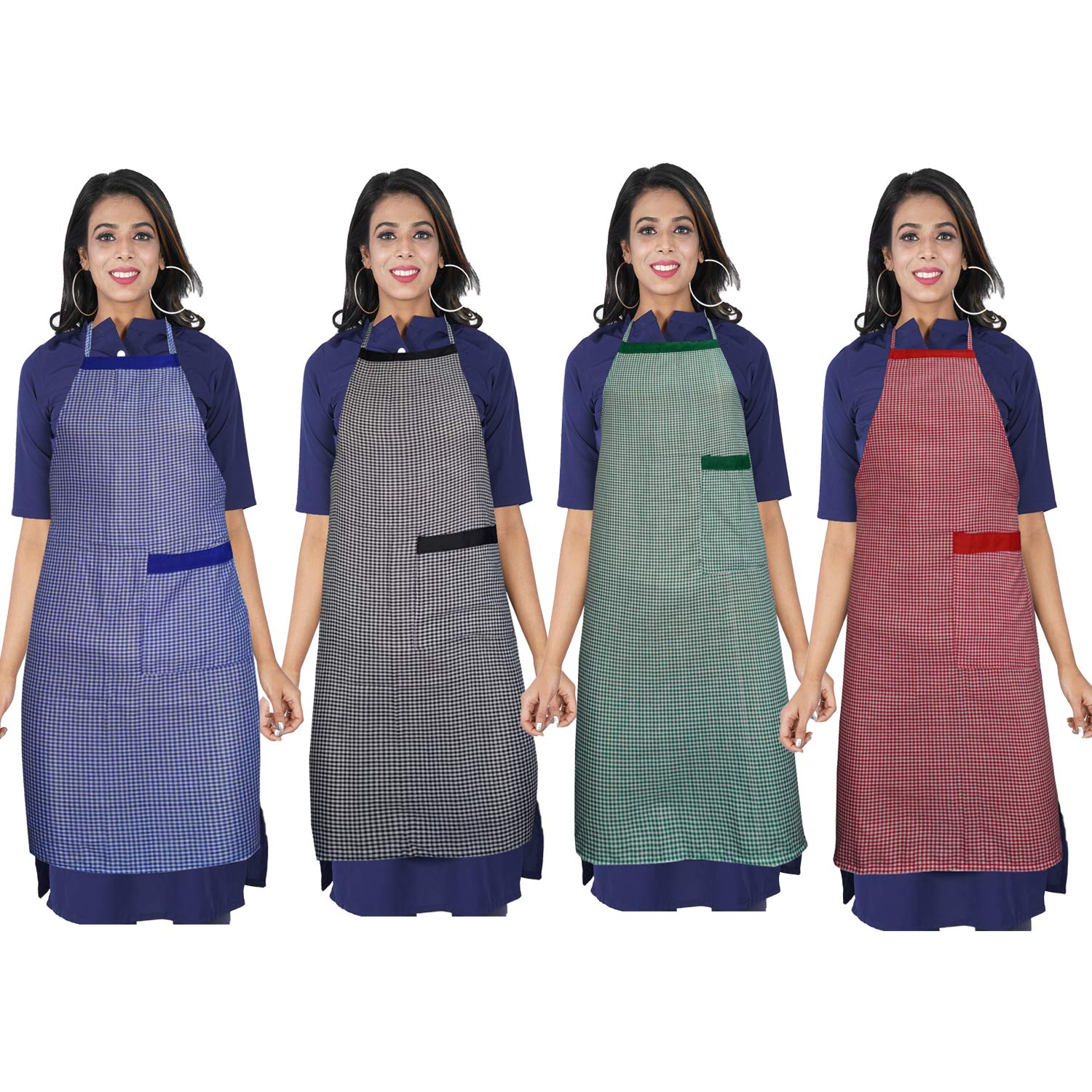 KANUSHI Industries Apron For Kitchen Waterproof With Front Pocket- Set of 4 (Black & Red & Blue & Green)(APRN-4-SCL-BLACK+RED+BLUE+GREEN-SID)