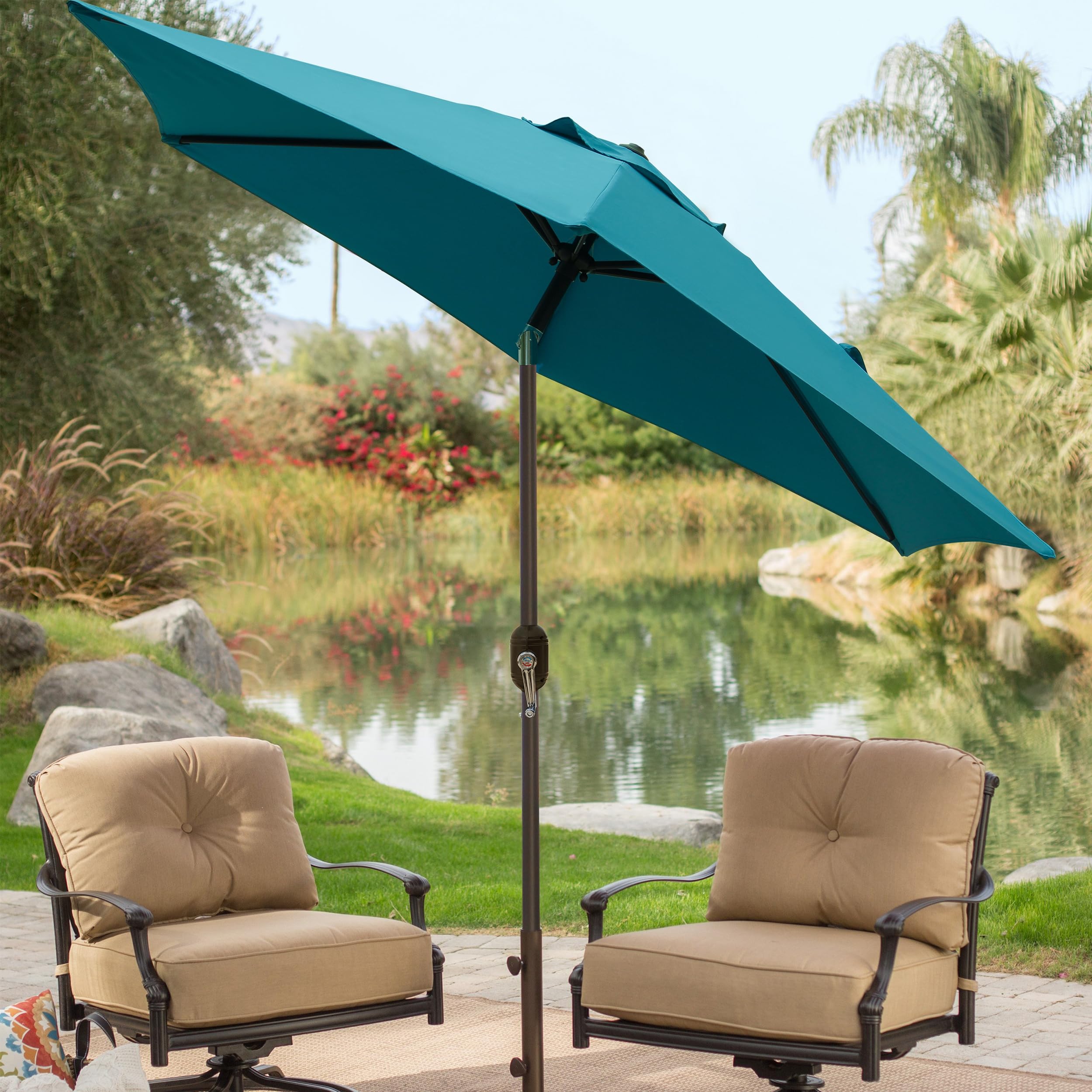 Blissun Ombrellone da giardino o patio, ombrellone per mercato all’aperto da 2,3 m, con manovella inclinabile a pulsante (blu ceruleo)