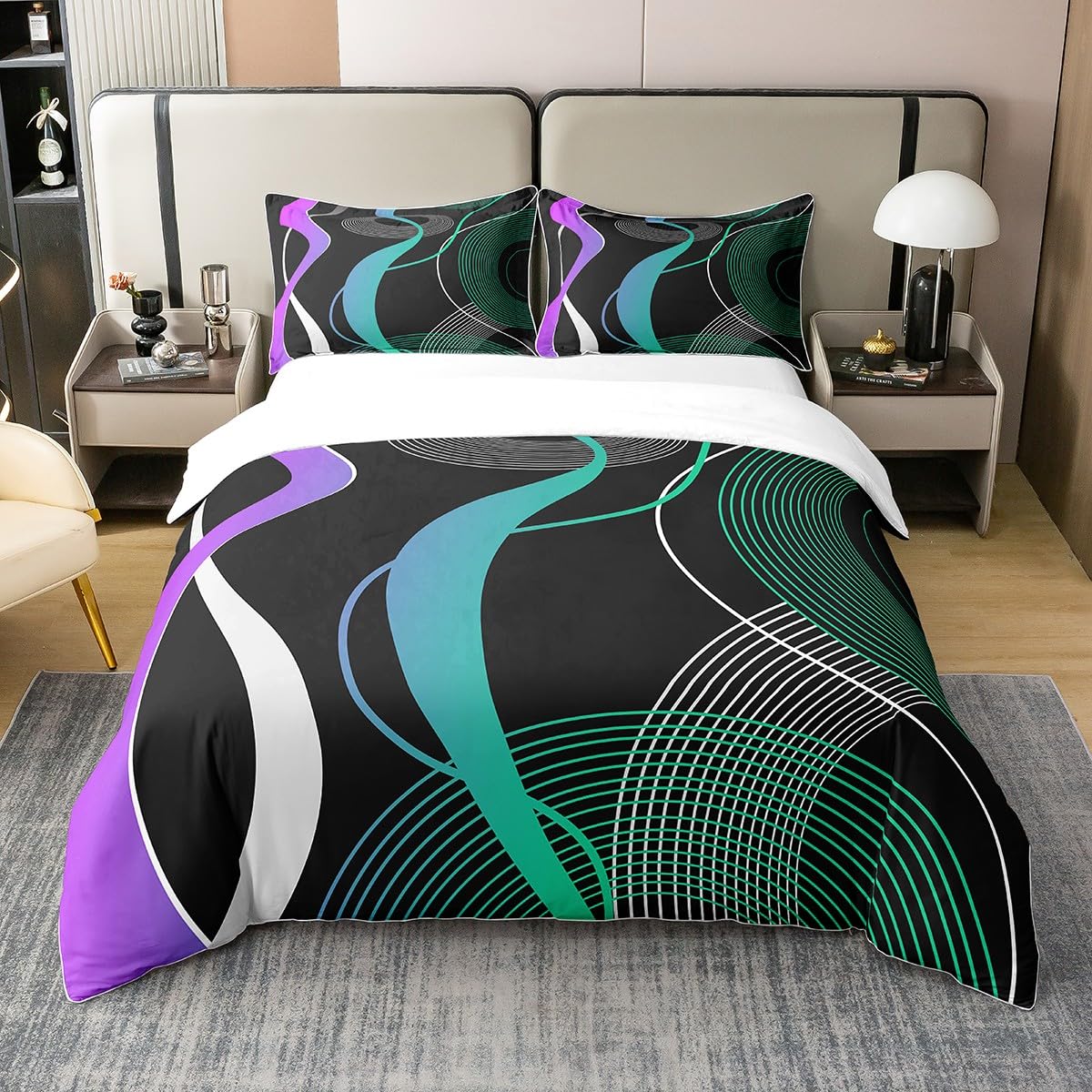 Housse de Couette Coton Anti-Transpiration King Parure Géométrique Violette Lit Ado