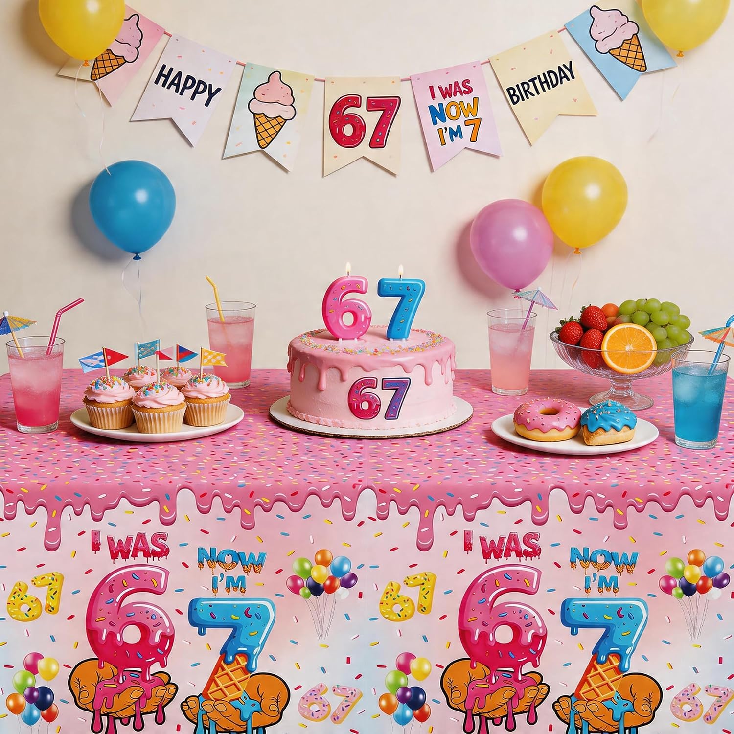 6 7 Birthday Ice Cream Tablecloths Decorations, Disposable I was 6 Now I'm 7 Birthday Party Table Cover, 3 Pack, 55in x 86in