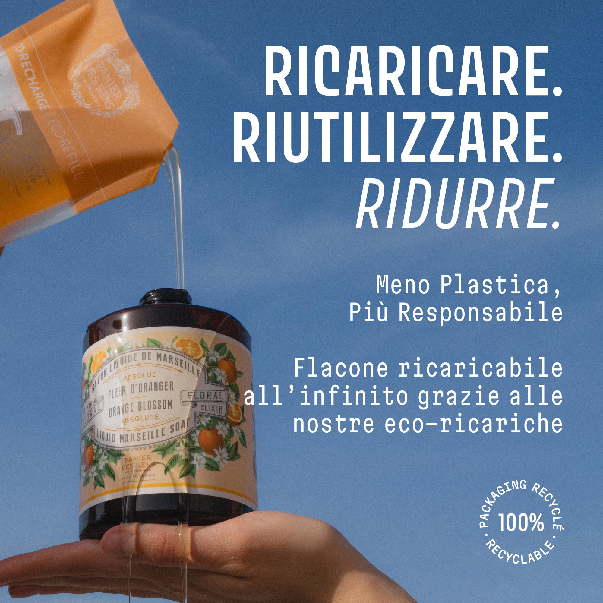 Panier des Sens Sapone Liquido Mani ai Fiori d'Arancio - Sapone di Marsiglia Liquido con Olio d'Oliva e di Cocco, 96% di Ingredienti Naturali Nutriente, Adatto Alla Pelle Sensibile - Sapone Mani 500ml