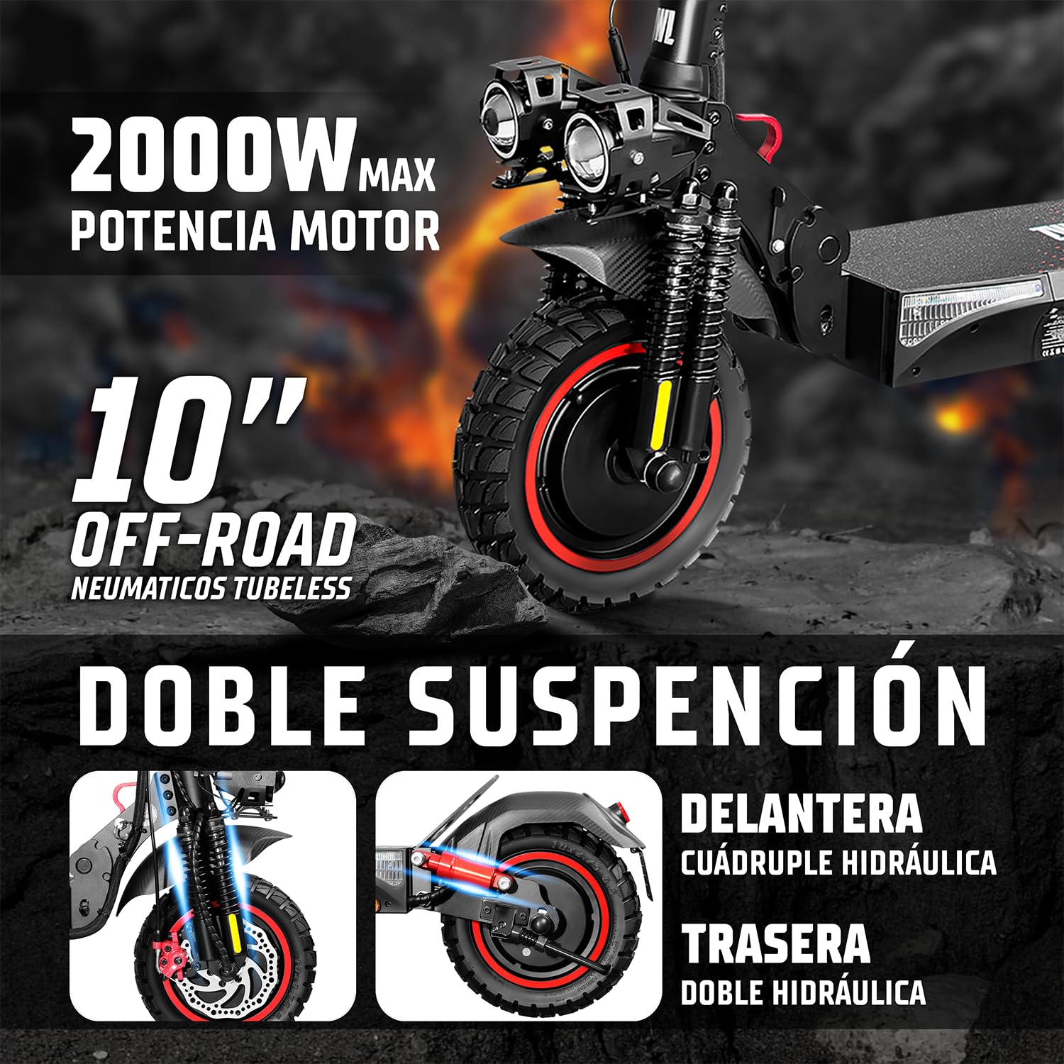 ZWHEEL ZRINO Patinete Eléctrico Adultos Homologado DGT - 600W-1200W MAX, 35-70km Autonomía, Doble/Cuádruple Suspensión Hidráulica, IP54, Ruedas 10" Tubeless/Offroad - App