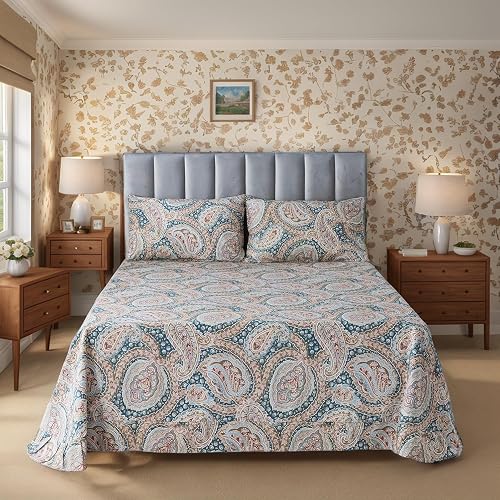 FADFAY California King Luxury Paisley Bedding Sheets Set Classical Blue