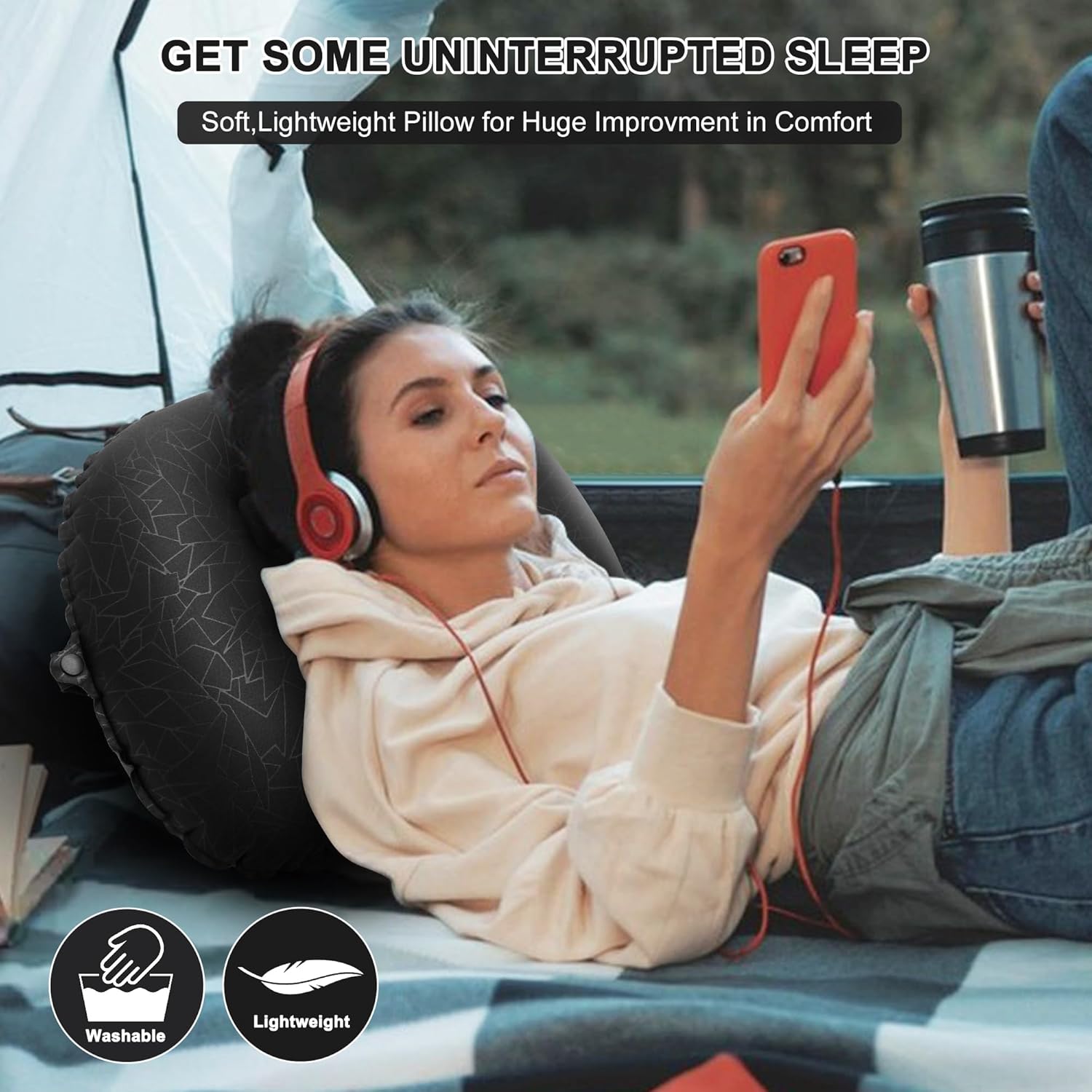 Inflatable Camping Pillow, Travel Blow Up Air Pillow, Neck Lumbar Support Ultralight Compact Pillow for Outdoor Hiking Backpacking Car Beach Airplane Sleeping Essentials, Black - Image 2