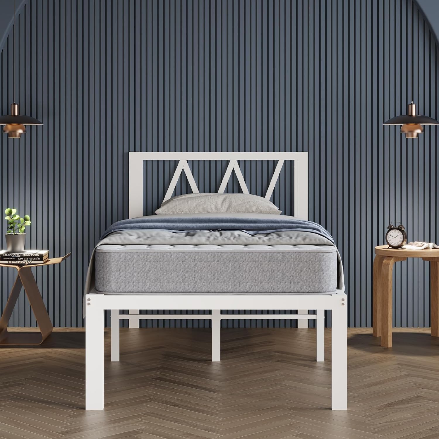 Avenco 18 Inch Twin Bed Frame with Headboard, White Metal Platform Bed Frame, Twin Size Bed Frame No Box Spring Needed, Easy Assembly, Heavy Duty Slats Support