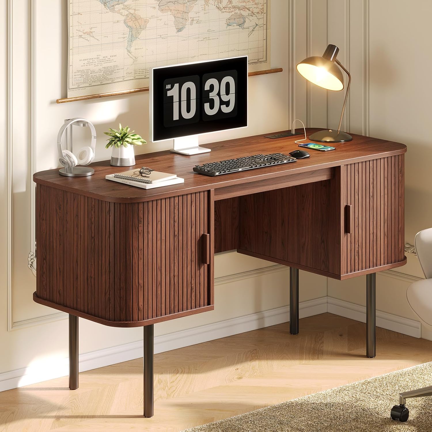 ONBRILL 55 Inch Fluted Computer Desk with Charging Station, Mid Century Executive Desk with 2 Storage Cabinets, Modern Home Office Large Desk with Metal Legs for Working, Studying, Writing, Walnut