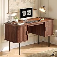 Vista 7 de ONBRILL 55 Inch Fluted Computer Desk with Charging Station, Mid Century Executive Desk with 2 Storage Cabinets, Modern Home Office Large Desk with