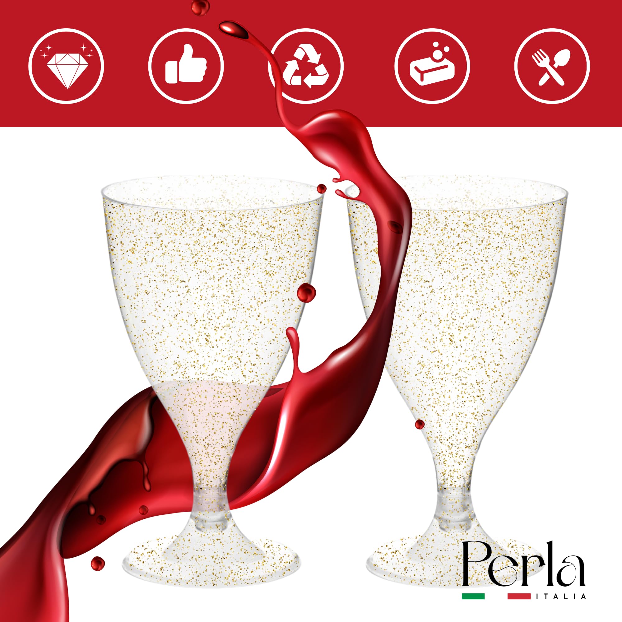 Perla - 48 Calici da Vino in Plastica Rigida - Trasparente con Glitter Dorati da 180ml - Bicchieri Resistenti e Riutilizzabili - Bicchiere Calice Vino per Compleanni Matrimoni e Feste