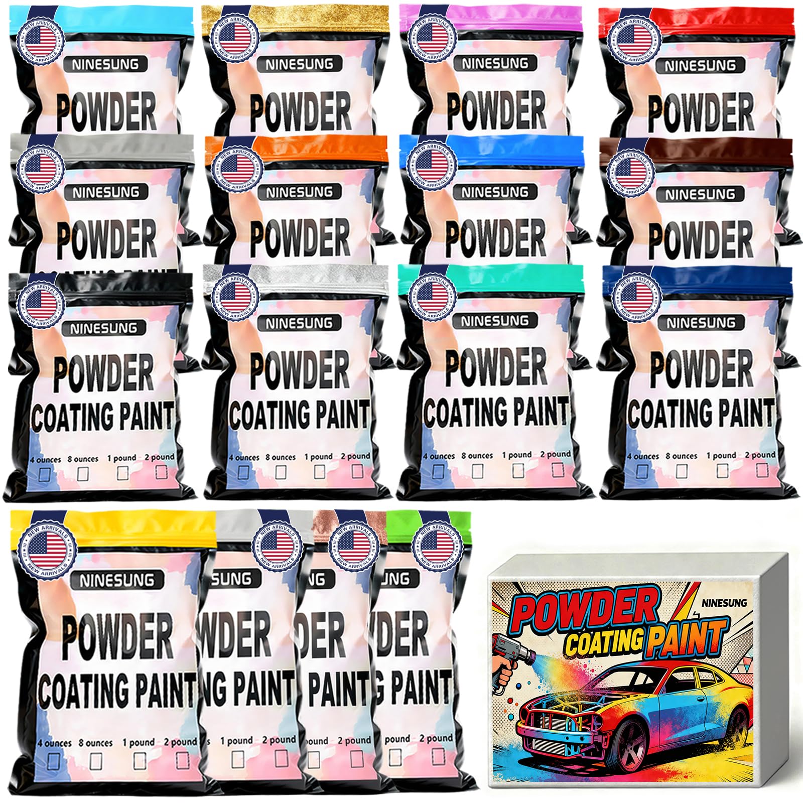Ninesung 16 Colors Powder Coating Paint | Powder Coat Perfect for Metal Surfaces | Car Paints | Building Materials | Powder's Paint for Steel Structures, Factories, Buildings, Playgrounds, Gardens (16 Colors)