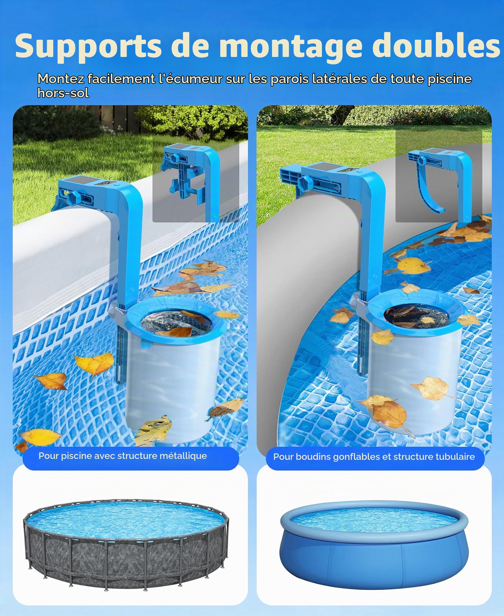 LuxBlue Skimmer Piscine Hors Sol avec Thermometre Piscine Solaire Digital, Skimmer de Surface Mural avec Support Réglable,Ecumoire Piscines Haute Résistance,Ramassage automatique de Feuilles et Débris