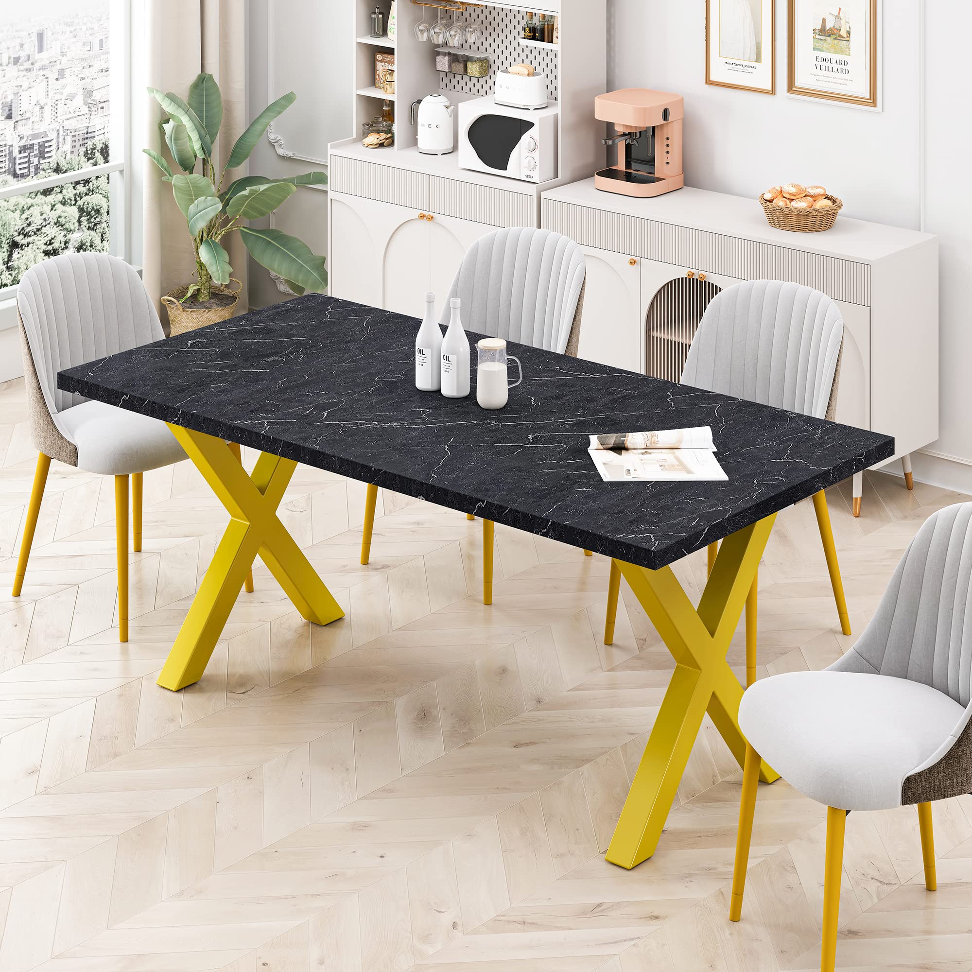 Pvillez Dining Table for 6-8 People, 70.87" Long Dining Room Table with Black Faux Marble Top and Golden Metal X Base, Contemporary Dinner Table, Rectangular Kitchen Table for Kitchen Dining Room