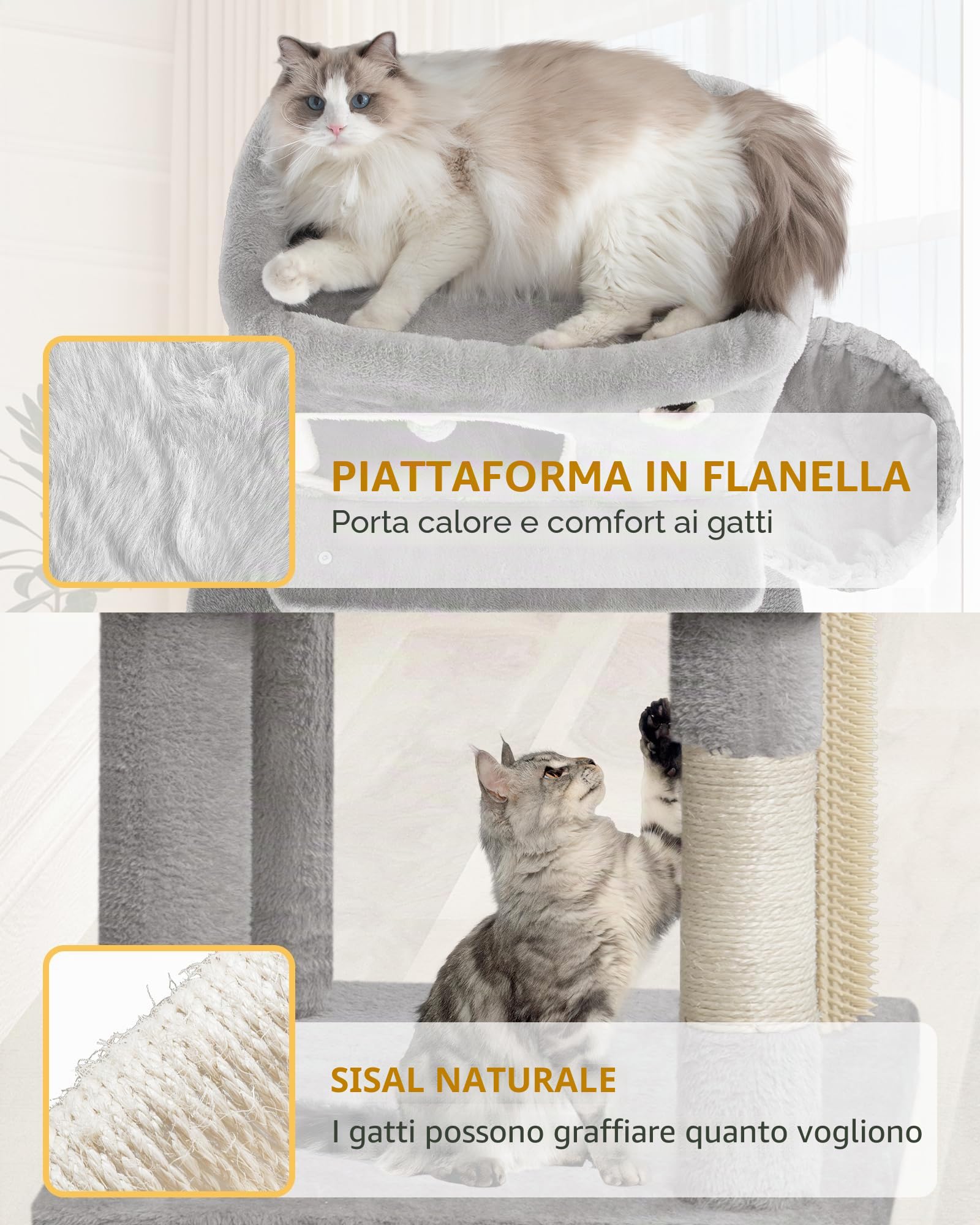 Hzuaneri Tiragraffi per Gatti, Albero per Gatti Multistrato da 178 cm con Grande Piattaforma, 2 Grotte, 7 Pali in Sisal, Pompon, Cesta, Amaca, Grigio Chiaro MS17818LG