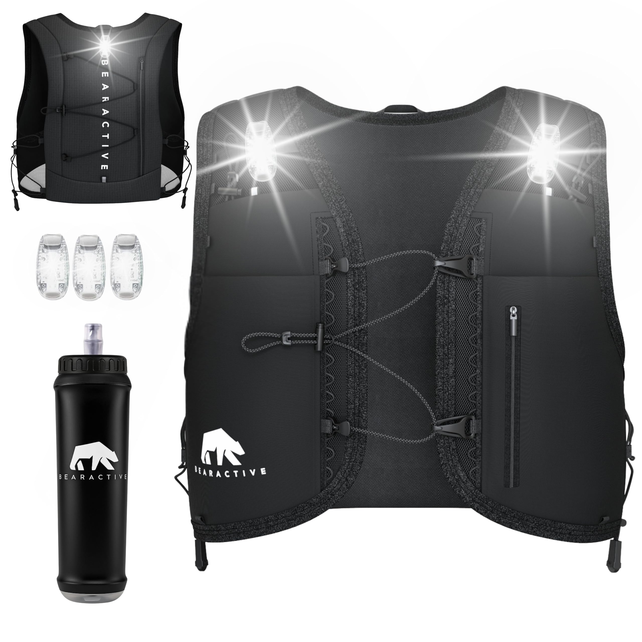 Bearactive Hydration Running Vest Lights 500ml Water Bottle Phone Holder Whistle Lightweight Reflective Vest Adjustable Straps Night Running Safety Gear for Men and Women (Black Battery Strap)